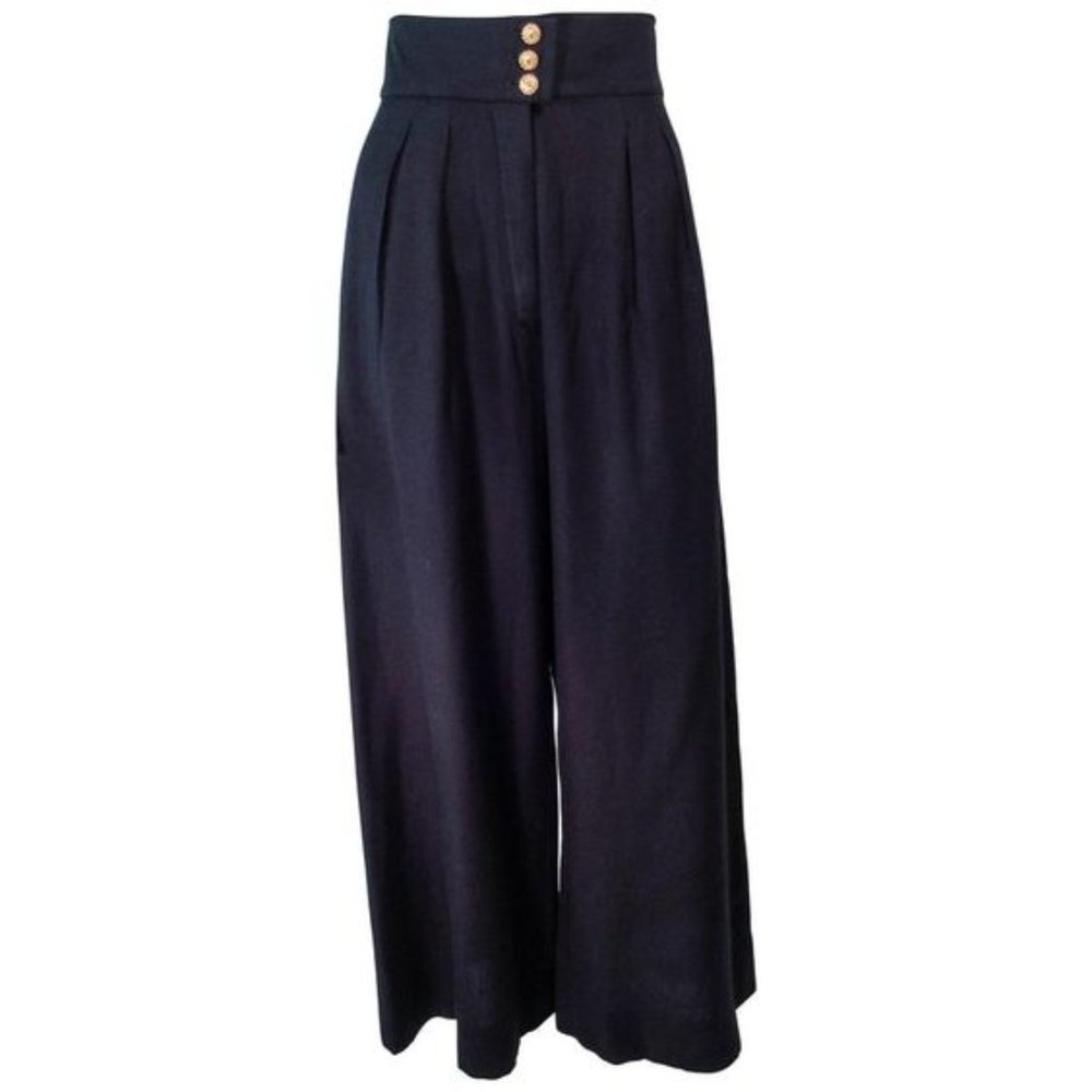 ❤️CHANEL COUTURE Palazzo Runway Wide Leg Black High Waist 5 CC Button Pan…